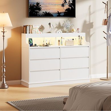 Dresser for Bedroom with 6 Drawers, Modern Chest Featuring LED Lights and Charging Station
