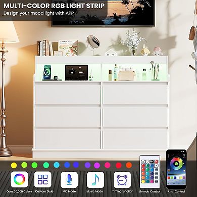 Dresser for Bedroom with 6 Drawers, Modern Chest Featuring LED Lights and Charging Station
