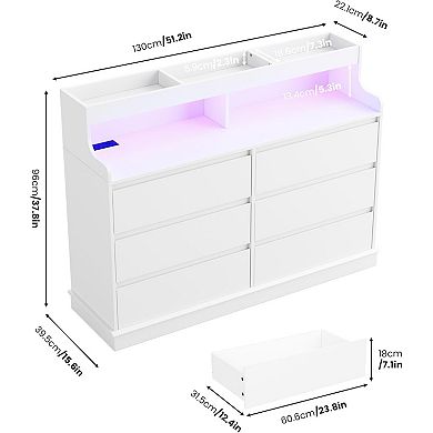 Dresser for Bedroom with 6 Drawers, Modern Chest Featuring LED Lights and Charging Station