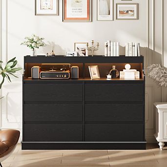 Dresser for Bedroom with 6 Drawers, Modern Chest Featuring LED Lights and Charging Station