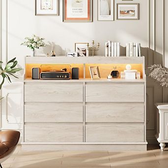 Dresser for Bedroom with 6 Drawers, Modern Chest Featuring LED Lights and Charging Station