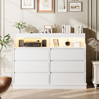 Dresser for Bedroom with 6 Drawers, Modern Chest Featuring LED Lights and Charging Station