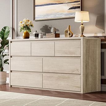 7-Drawer Wide Dresser, Handle-Free Modern Wood Storage Cabinet for Living Room