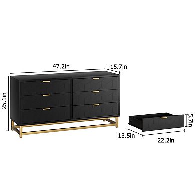Wide 6-Drawer Modern Dresser, Metal Legs Storage Chest for Bedroom