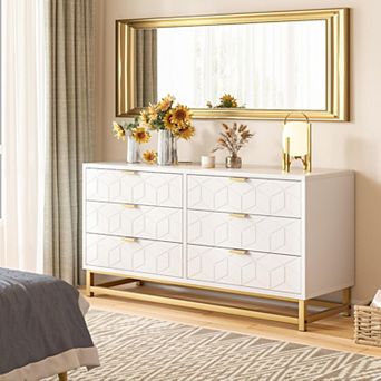 Wide 6-Drawer Modern Dresser, Metal Legs Storage Chest for Bedroom