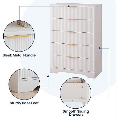 ANIXOL Modern Fluted 5-Drawer Tall Dresser with Gold Handles