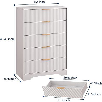 ANIXOL Modern Fluted 5-Drawer Tall Dresser with Gold Handles