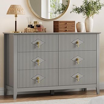 Fluted 6 Drawers Dresser for Bedroom, 47.2" Wide Modern Chest of Drawers with Metal Handle, Wooden