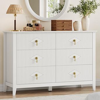 Fluted 6 Drawers Dresser for Bedroom, 47.2" Wide Modern Chest of Drawers with Metal Handle, Wooden