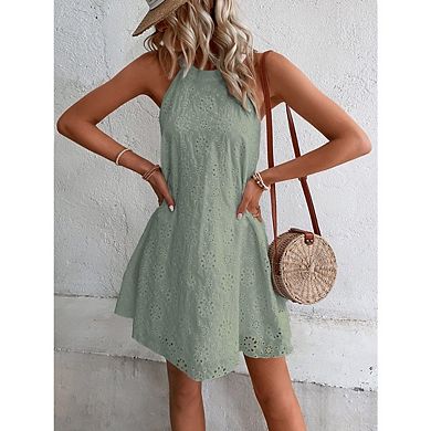 Women's Hollow-Out Embroidered Dress Sleeveless Backless A-line Sundress