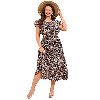 Women's Plus Size Floral Print Boho Dress Round Neck Belted Short Sleeve A-line Pleated Midi Dress