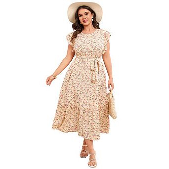 Women's Plus Size Floral Print Boho Dress Round Neck Belted Short Sleeve A-line Pleated Midi Dress