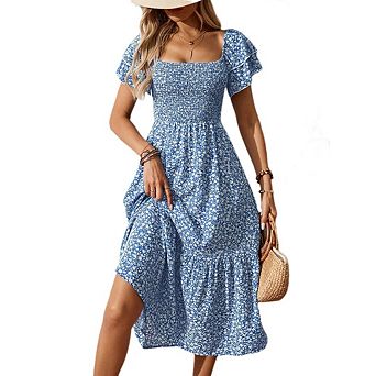 Women's Square Neck Floral Print Maxi Dress Double-Layer Puff Sleeves and Ruffled Hem Dress