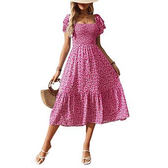 Women's Square Neck Floral Print Maxi Dress Double-Layer Puff Sleeves and Ruffled Hem Dress