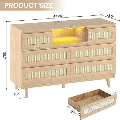 ANIXOL Modern Rattan Dresser with Charging Station & LED Lights