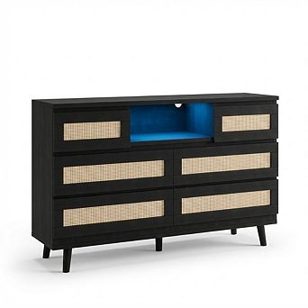 ANIXOL Modern Rattan Dresser with Charging Station & LED Lights