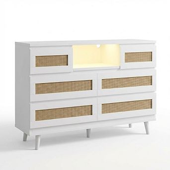 ANIXOL Modern Rattan Dresser with Charging Station & LED Lights