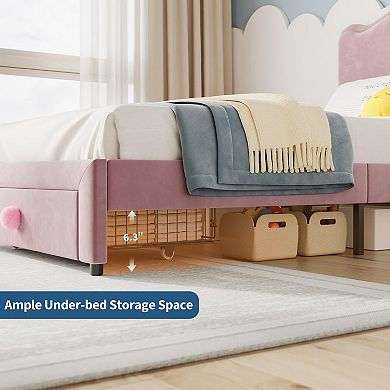 Upholstered Twin Bed Frame with Storage Drawer & Scallop Headboard