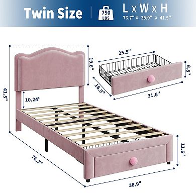 Upholstered Twin Bed Frame with Storage Drawer & Scallop Headboard