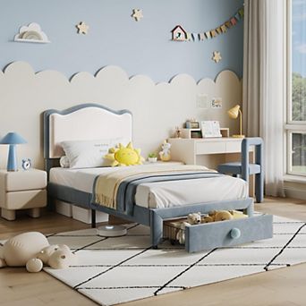 Upholstered Twin Bed Frame with Storage Drawer & Scallop Headboard