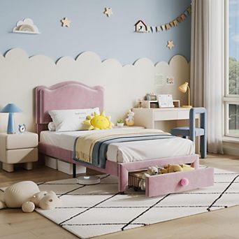 Upholstered Twin Bed Frame with Storage Drawer & Scallop Headboard