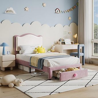 Upholstered Twin Bed Frame with Storage Drawer & Scallop Headboard