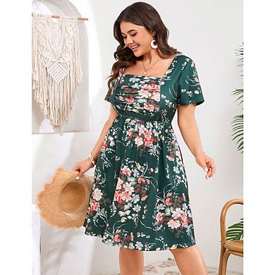Women's Plus Size Midi Printed Chiffon Dress Short Sleeves Square Neck Pleated Bust Mini Dress