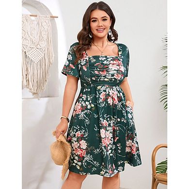 Women's Plus Size Midi Printed Chiffon Dress Short Sleeves Square Neck Pleated Bust Mini Dress