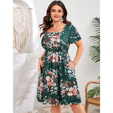 Women's Plus Size Midi Printed Chiffon Dress Short Sleeves Square Neck Pleated Bust Mini Dress