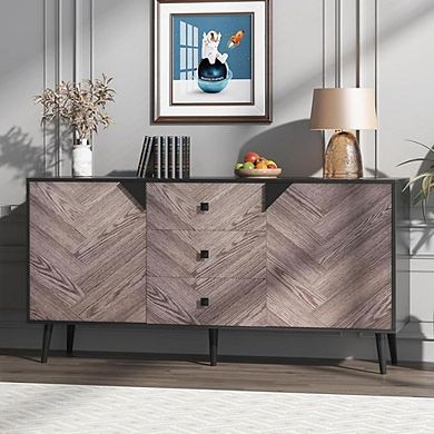 Sideboard Buffet Cabinet with Drawers and Shelves, Wood Credenza with Doors