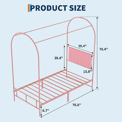 Twin Canopy Bed Frame, Metal Kids Platform with Upholstered Headboard, Strong Slats, Noise Free