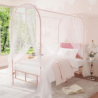 Twin Canopy Bed Frame, Metal Kids Platform with Upholstered Headboard, Strong Slats, Noise Free