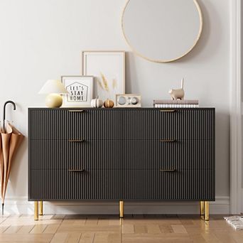 Modern 6 Drawer Dresser, Wood Chest with Gold Handles for Bedroom or Entryway Storage