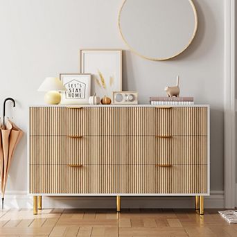 Modern 6 Drawer Dresser, Wood Chest with Gold Handles for Bedroom or Entryway Storage