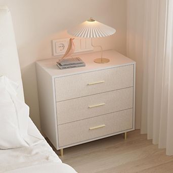 Elegant 3-Drawer White Dresser with Gold Handles and Legs, Wooden Nightstand with Linen-Textured