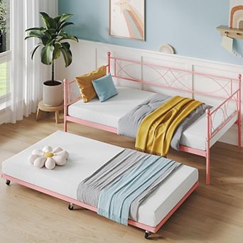 Twin daybed with Trundle, Metal Twin Daybed and Trundle Set, Day Bed Sofa Bed Frame with Steel Sl