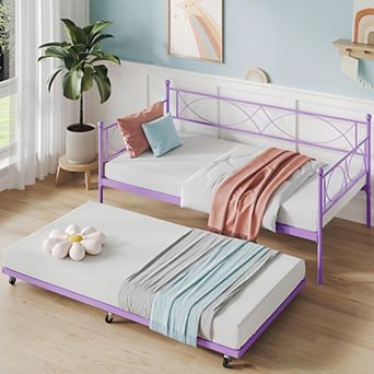 Twin daybed with Trundle, Metal Twin Daybed and Trundle Set, Day Bed Sofa Bed Frame with Steel Sl