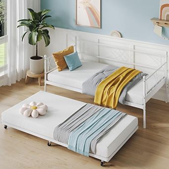 Twin daybed with Trundle, Metal Twin Daybed and Trundle Set, Day Bed Sofa Bed Frame with Steel Sl
