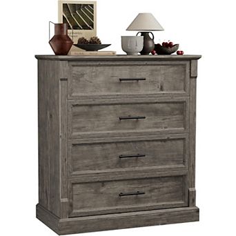 Farmhouse 4 Drawer Dresser for Bedroom, Tall Chest of Drawers with Metal Handles, Rustic Wooden