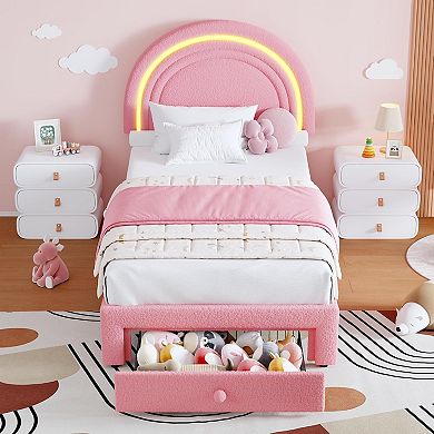Twin Upholstered LED Bed Frame with Storage Drawer and Rainbow Headboard