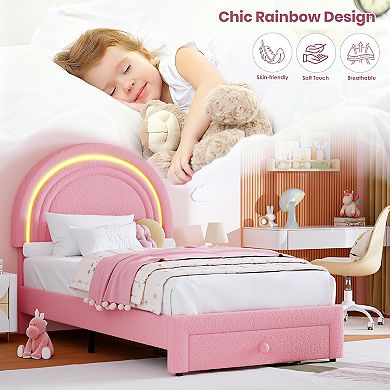 Twin Upholstered LED Bed Frame with Storage Drawer and Rainbow Headboard