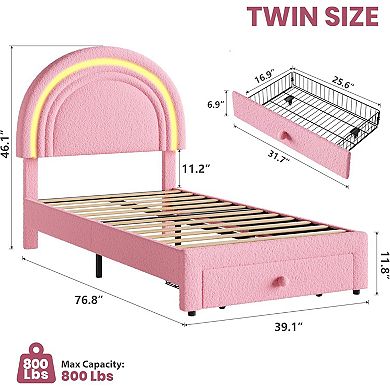 Twin Upholstered LED Bed Frame with Storage Drawer and Rainbow Headboard