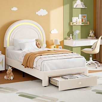 Twin Upholstered LED Bed Frame with Storage Drawer and Rainbow Headboard