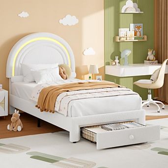 Twin Upholstered LED Bed Frame with Storage Drawer and Rainbow Headboard