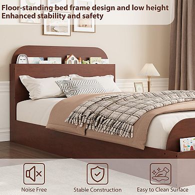 Twin Size Bed Frame, Wooden Beds with Storage Headboard and Raised-Foodboard for Kid