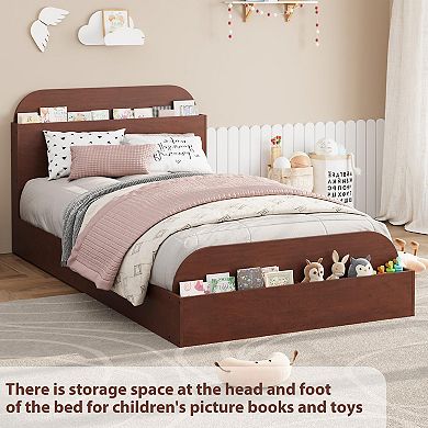 Twin Size Bed Frame, Wooden Beds with Storage Headboard and Raised-Foodboard for Kid