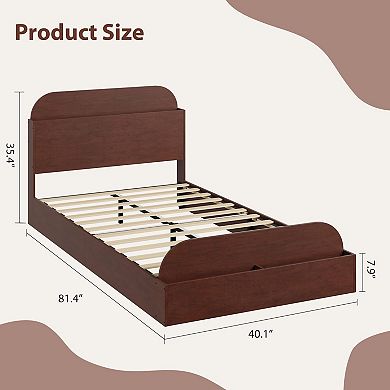 Twin Size Bed Frame, Wooden Beds with Storage Headboard and Raised-Foodboard for Kid