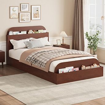 Twin Size Bed Frame, Wooden Beds with Storage Headboard and Raised-Foodboard for Kid