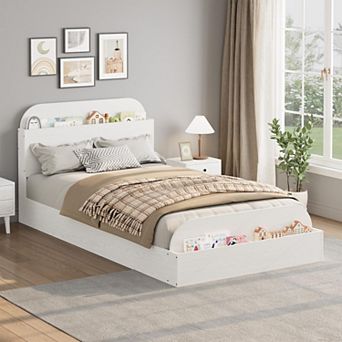 Twin Size Bed Frame, Wooden Beds with Storage Headboard and Raised-Foodboard for Kid