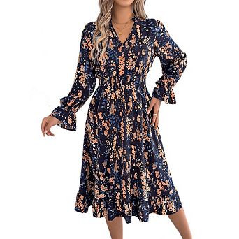 Women's Casual Boho Printed Long Sleeve Dress Bell Sleeve Slim A-line Flowy Midi Dress